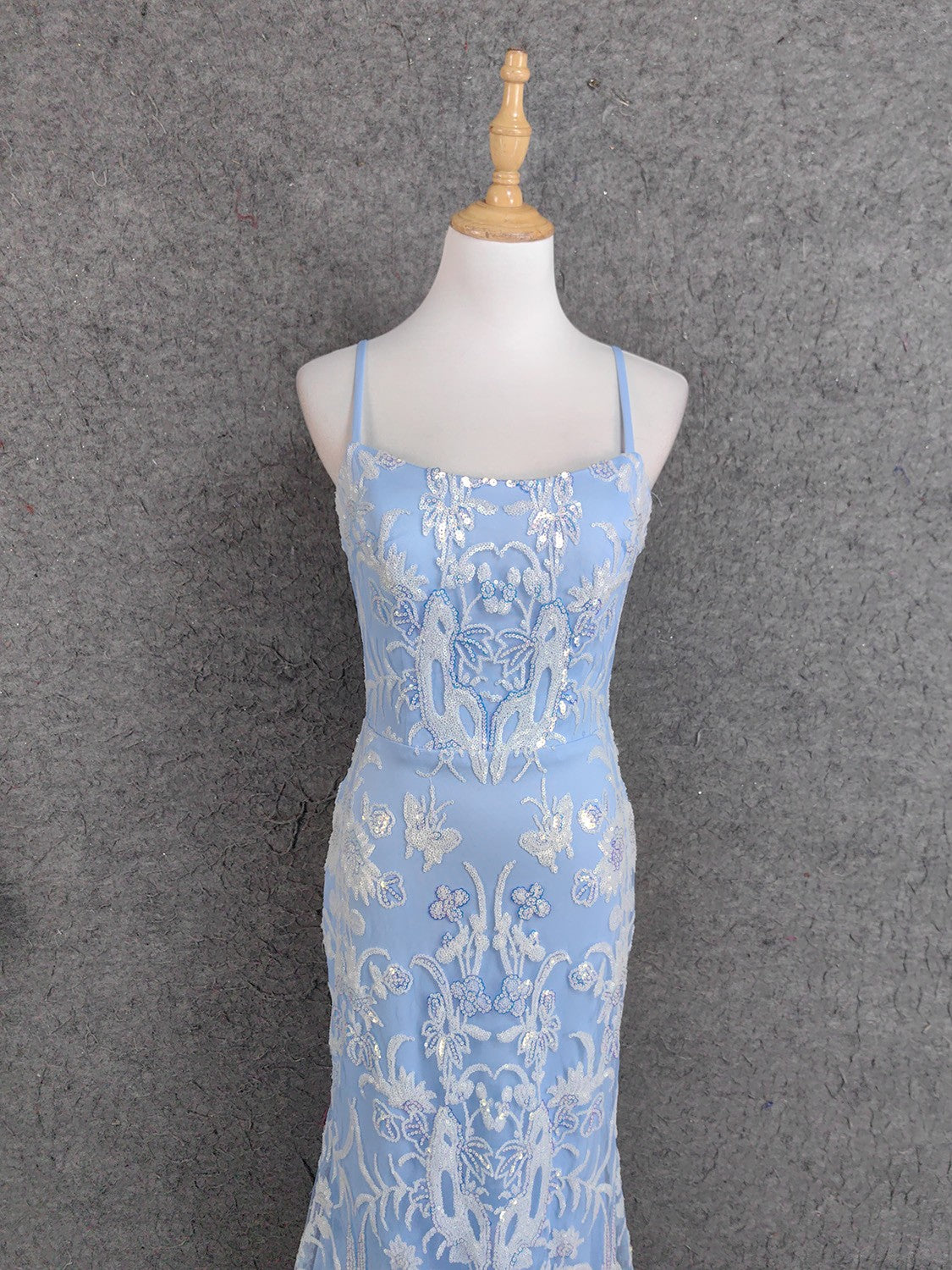 Elegant Light Blue Square Neck Spaghetti Strap Mermaid Sequin Tulle Long Prom Dresses Evening Dresses