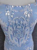 Elegant Light Blue Square Neck Spaghetti Strap Mermaid Sequin Tulle Long Prom Dresses Evening Dresses