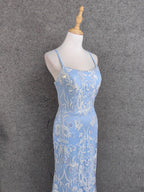 Elegant Light Blue Square Neck Spaghetti Strap Mermaid Sequin Tulle Long Prom Dresses Evening Dresses