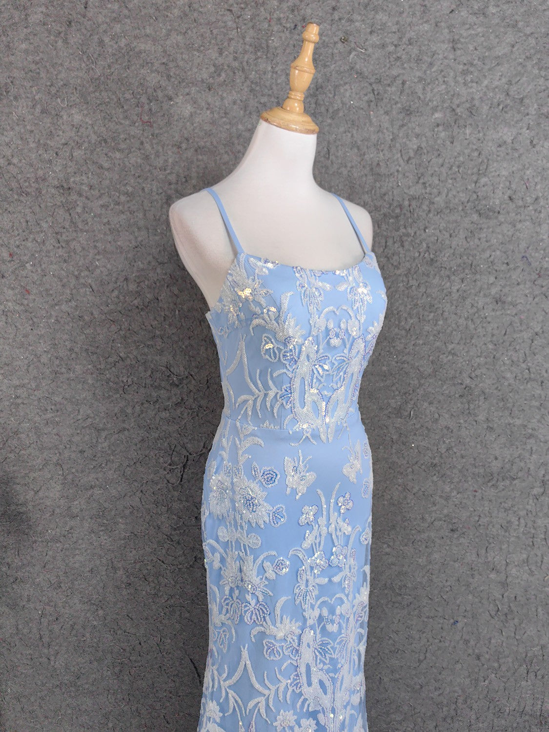 Elegant Light Blue Square Neck Spaghetti Strap Mermaid Sequin Tulle Long Prom Dresses Evening Dresses