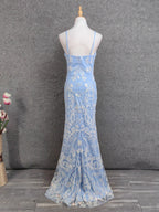 Elegant Light Blue Square Neck Spaghetti Strap Mermaid Sequin Tulle Long Prom Dresses Evening Dresses