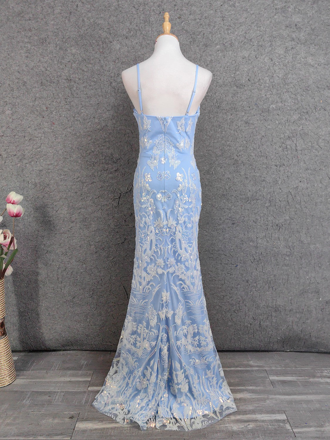 Elegant Light Blue Square Neck Spaghetti Strap Mermaid Sequin Tulle Long Prom Dresses Evening Dresses