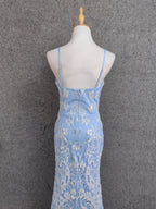 Elegant Light Blue Square Neck Spaghetti Strap Mermaid Sequin Tulle Long Prom Dresses Evening Dresses