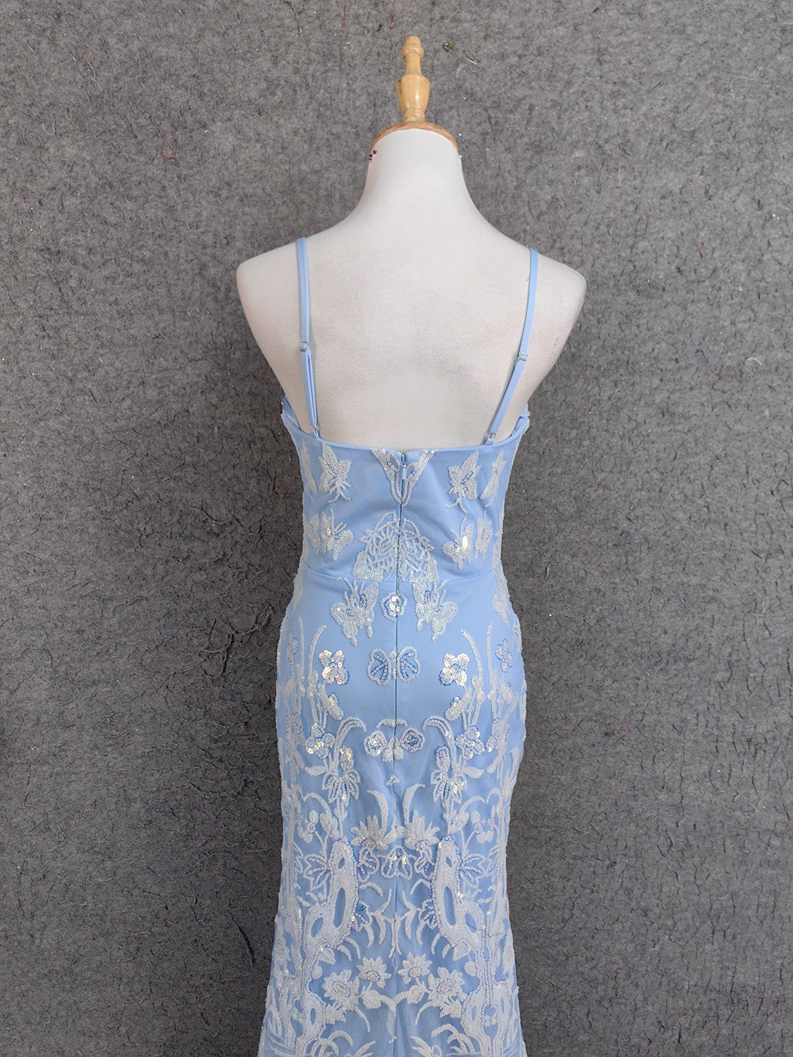 Elegant Light Blue Square Neck Spaghetti Strap Mermaid Sequin Tulle Long Prom Dresses Evening Dresses