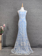 Elegant Light Blue Square Neck Spaghetti Strap Mermaid Sequin Tulle Long Prom Dresses Evening Dresses