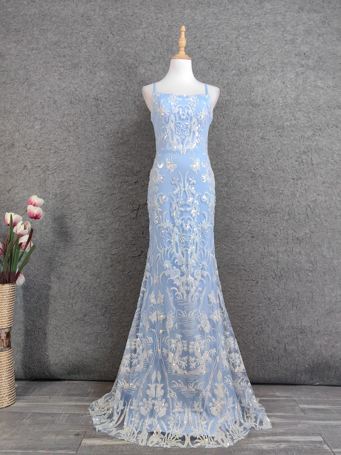 Elegant Light Blue Square Neck Spaghetti Strap Mermaid Sequin Tulle Long Prom Dresses Evening Dresses