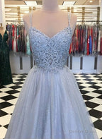 Elegant Light Blue Tulle V Neck Spaghetti Straps Lace Long Prom Dresses