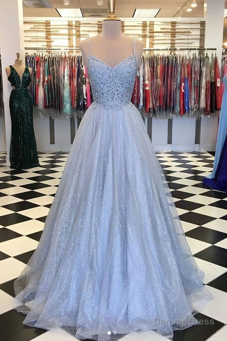 Elegant Light Blue Tulle V Neck Spaghetti Straps Lace Long Prom Dresses Main image