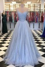 Elegant Light Blue Tulle V Neck Spaghetti Straps Lace Long Prom Dresses