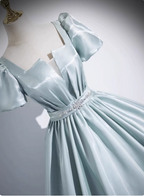 Elegant Light Cyan Square Neck Short Sleeve Satin Long Prom Dresses Evening Dresses