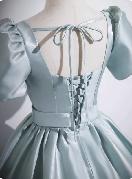 Elegant Light Cyan Square Neck Short Sleeve Satin Long Prom Dresses Evening Dresses