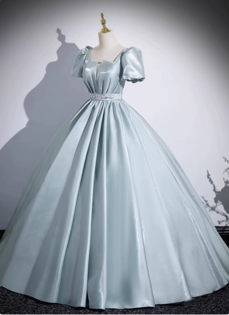 Elegant Light Cyan Square Neck Short Sleeve Satin Long Prom Dresses Evening Dresses