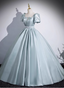 Elegant Light Cyan Square Neck Short Sleeve Satin Long Prom Dresses Evening Dresses