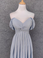 Elegant Light Gray A-Line Off-Shoulder Twist Ruffled Chiffon Long Prom Dresses Evening Dresses Bridesmaid Dresses
