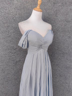 Elegant Light Gray A-Line Off-Shoulder Twist Ruffled Chiffon Long Prom Dresses Evening Dresses Bridesmaid Dresses