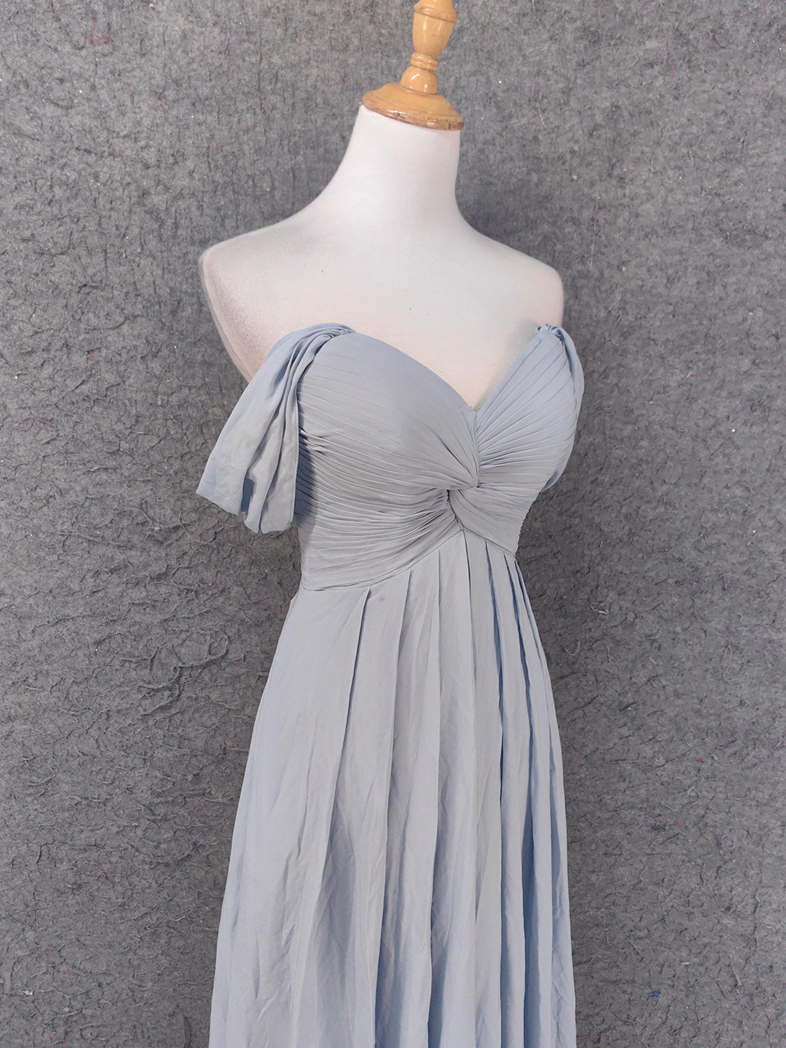 Elegant Light Gray A-Line Off-Shoulder Twist Ruffled Chiffon Long Prom Dresses Evening Dresses Bridesmaid Dresses