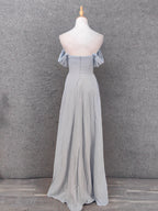Elegant Light Gray A-Line Off-Shoulder Twist Ruffled Chiffon Long Prom Dresses Evening Dresses Bridesmaid Dresses
