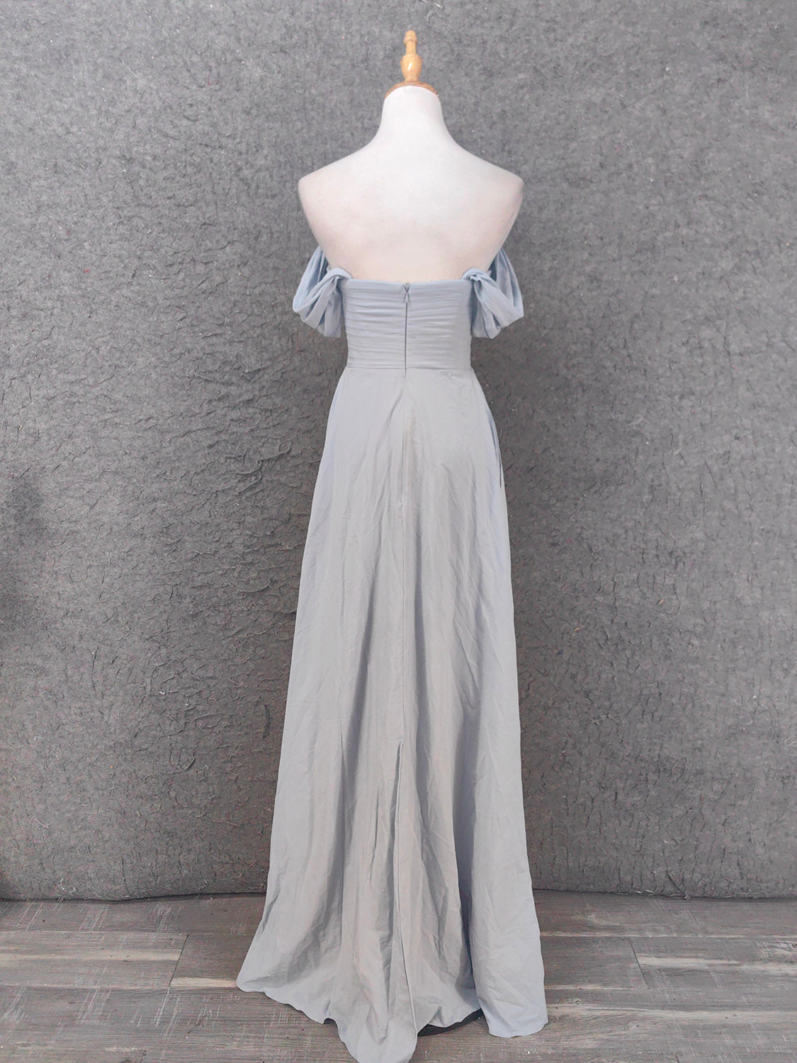 Elegant Light Gray A-Line Off-Shoulder Twist Ruffled Chiffon Long Prom Dresses Evening Dresses Bridesmaid Dresses