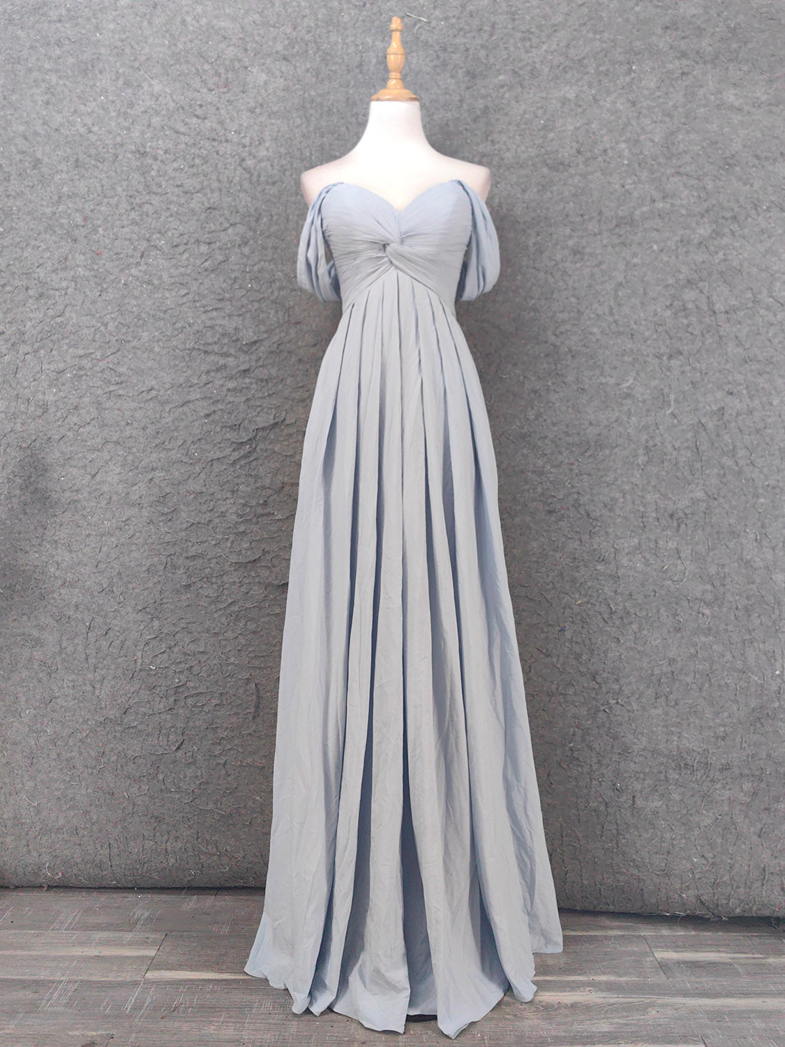 Elegant Light Gray A-Line Off-Shoulder Twist Ruffled Chiffon Long Prom Dresses Evening Dresses Bridesmaid Dresses Main image