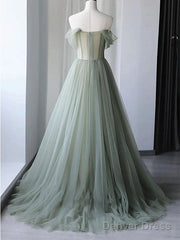 Elegant Light Green A-Line Tulle Off The Shoulder Long Prom Dress Evening Dress,