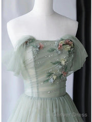 Elegant Light Green A-Line Tulle Off The Shoulder Long Prom Dress Evening Dress,