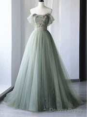 Elegant Light Green A-Line Tulle Off The Shoulder Long Prom Dress Evening Dress,
