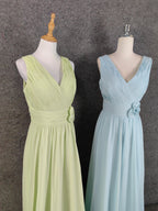 Elegant Light Green A-Line V-Neck Sleeveless Ruffled Chiffon Long Prom Dresses Evening Dresses