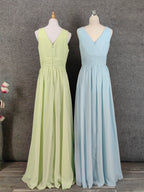 Elegant Light Green A-Line V-Neck Sleeveless Ruffled Chiffon Long Prom Dresses Evening Dresses
