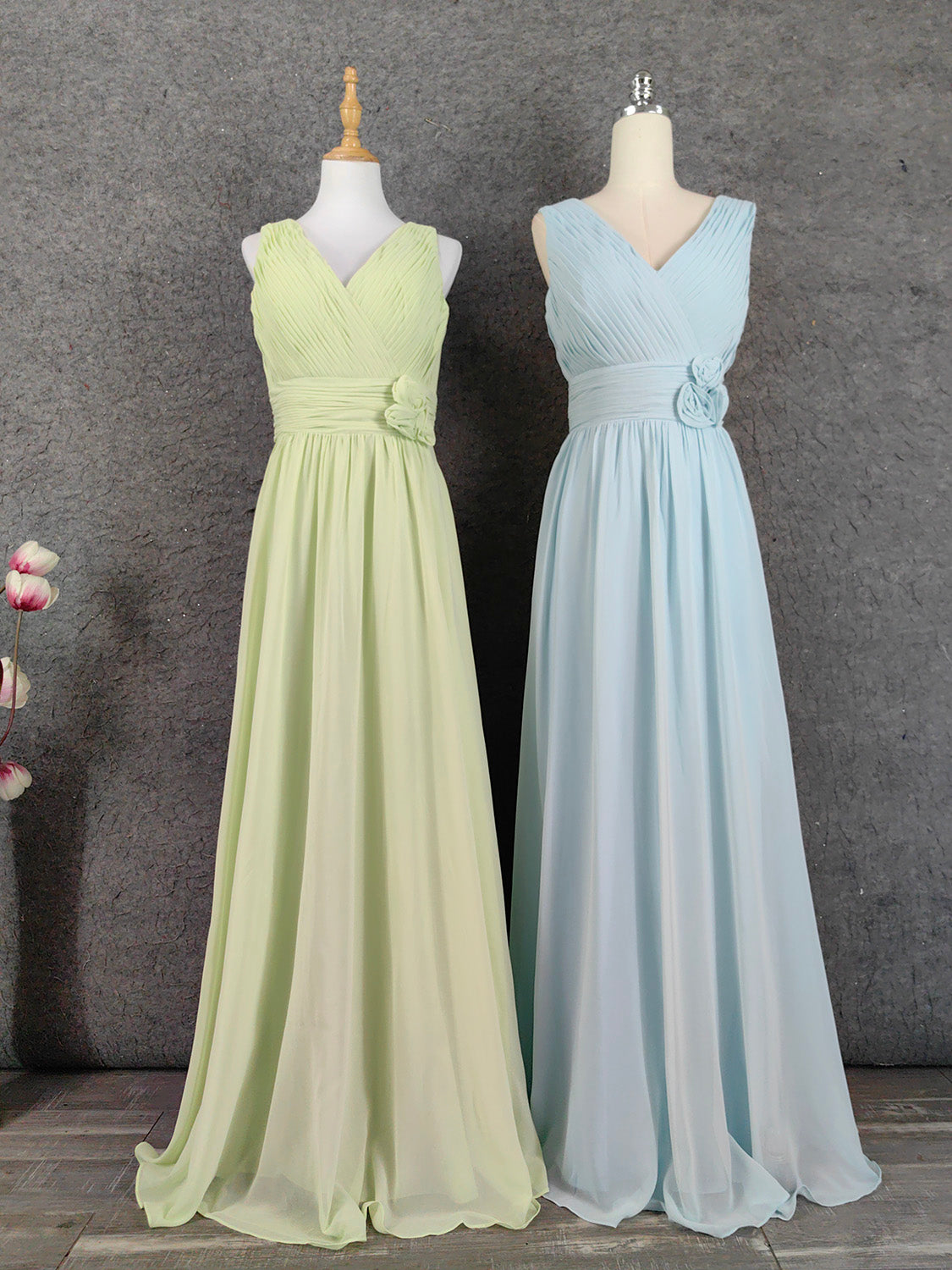 Elegant Light Green A-Line V-Neck Sleeveless Ruffled Chiffon Long Prom Dresses Evening Dresses