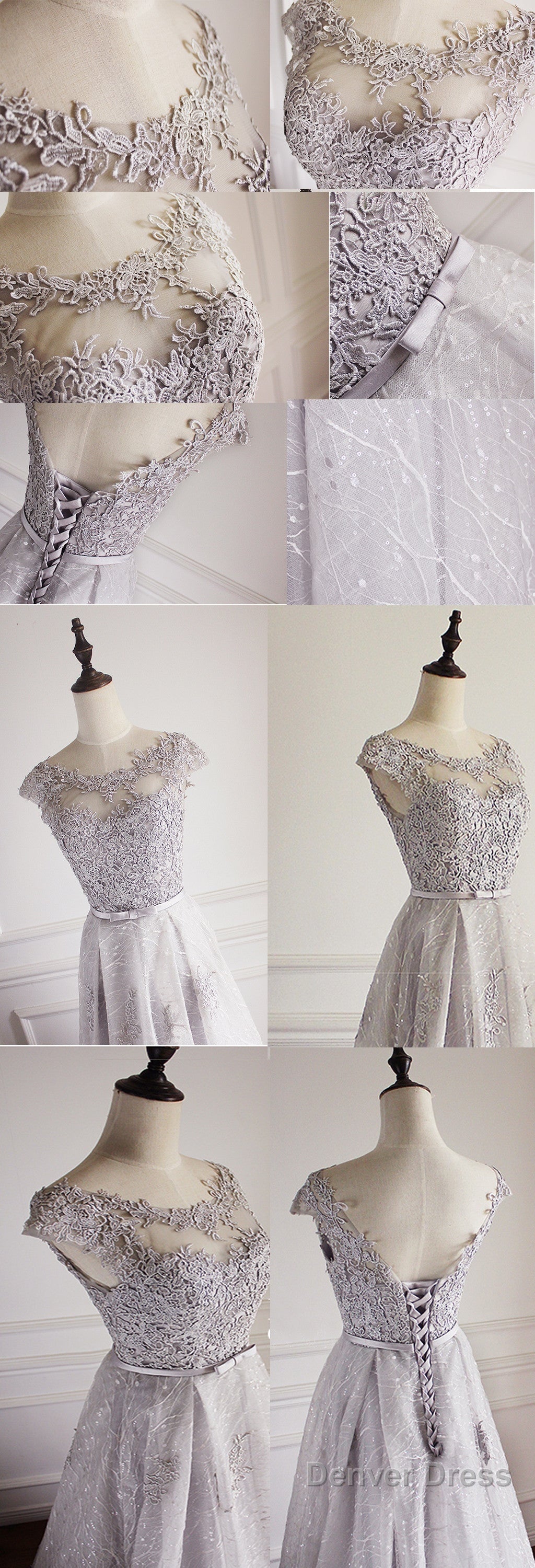 Elegant Light Grey Cap Sleeve Lac Prints Organza Appliques A Line Lace Up Back Floor Length Bridesmaid Dresses