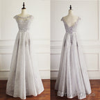 Elegant Light Grey Cap Sleeve Lac Prints Organza Appliques A Line Lace Up Back Floor Length Bridesmaid Dresses
