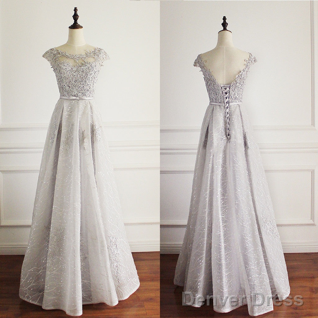 Elegant Light Grey Cap Sleeve Lac Prints Organza Appliques A Line Lace Up Back Floor Length Bridesmaid Dresses