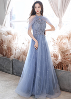Elegant Light Haze Blue A-Line Halter Cold Shoulder Tulle Long Prom Dresses Evening Dresses