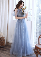 Elegant Light Haze Blue A-Line Halter Cold Shoulder Tulle Long Prom Dresses Evening Dresses