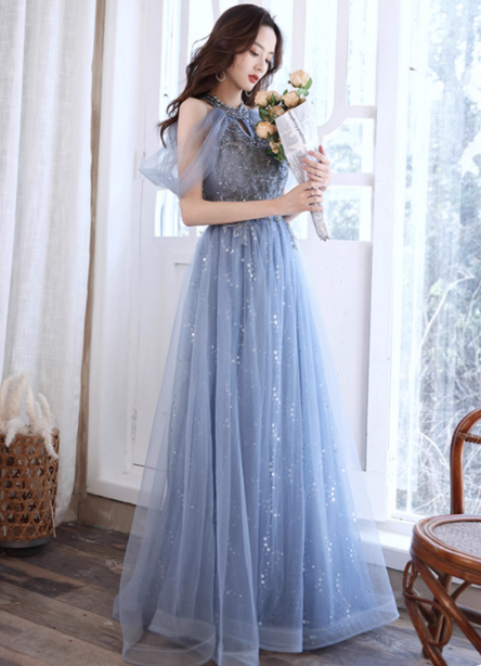 Elegant Light Haze Blue A-Line Halter Cold Shoulder Tulle Long Prom Dresses Evening Dresses