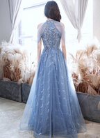 Elegant Light Haze Blue A-Line Halter Cold Shoulder Tulle Long Prom Dresses Evening Dresses