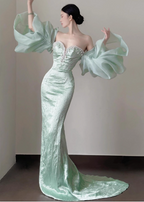 Elegant Light Mint Green Mermaid Sweetheart Neck Pearl Backless Shiny Satin Train Prom Dresses Evening Dresses