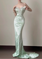 Elegant Light Mint Green Mermaid Sweetheart Neck Pearl Backless Shiny Satin Train Prom Dresses Evening Dresses