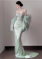 Elegant Light Mint Green Mermaid Sweetheart Neck Pearl Backless Shiny Satin Train Prom Dresses Evening Dresses