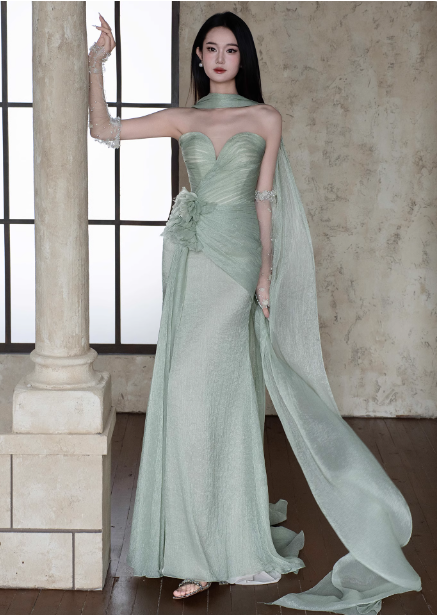 Elegant Light Mint Green Sweetheart Neck 3D Floral Split Chiffon Prom Dresses Evening Dresses Secondary image
