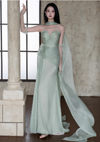 Elegant Light Mint Green Sweetheart Neck 3D Floral Split Chiffon Prom Dresses Evening Dresses