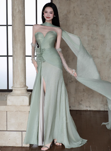 Elegant Light Mint Green Sweetheart Neck 3D Floral Split Chiffon Prom Dresses Evening Dresses
