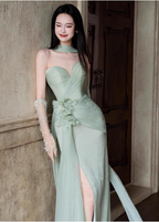 Elegant Light Mint Green Sweetheart Neck 3D Floral Split Chiffon Prom Dresses Evening Dresses