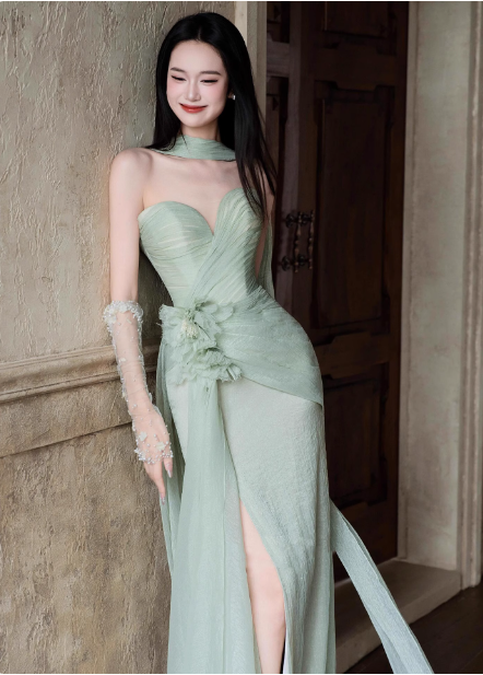 Elegant Light Mint Green Sweetheart Neck 3D Floral Split Chiffon Prom Dresses Evening Dresses