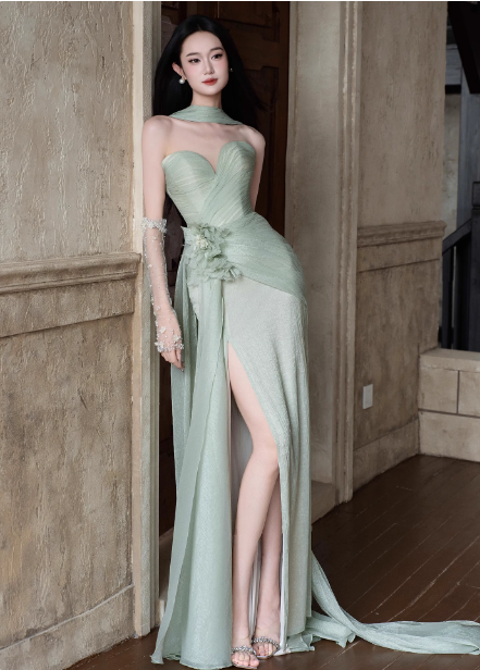 Elegant Light Mint Green Sweetheart Neck 3D Floral Split Chiffon Prom Dresses Evening Dresses