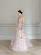 Elegant Light Pink A-Line Strapless Feather Long Prom Dresses Evening Dresses