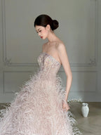 Elegant Light Pink A-Line Strapless Feather Long Prom Dresses Evening Dresses