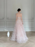 Elegant Light Pink A-Line Strapless Feather Long Prom Dresses Evening Dresses