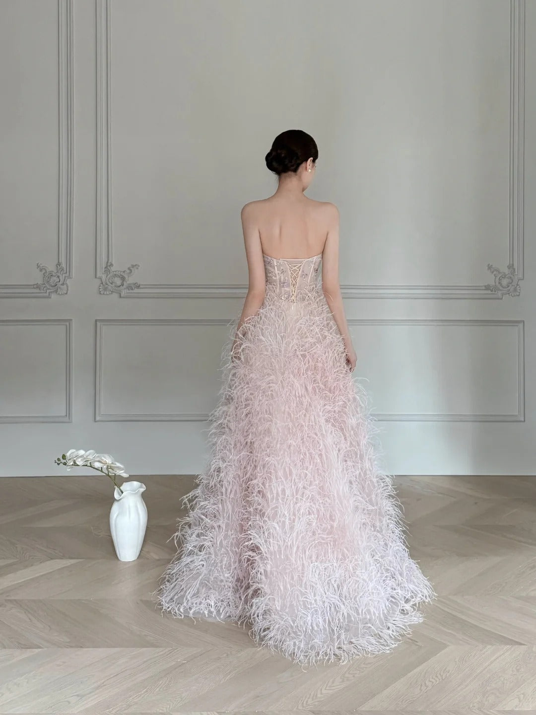 Elegant Light Pink A-Line Strapless Feather Long Prom Dresses Evening Dresses