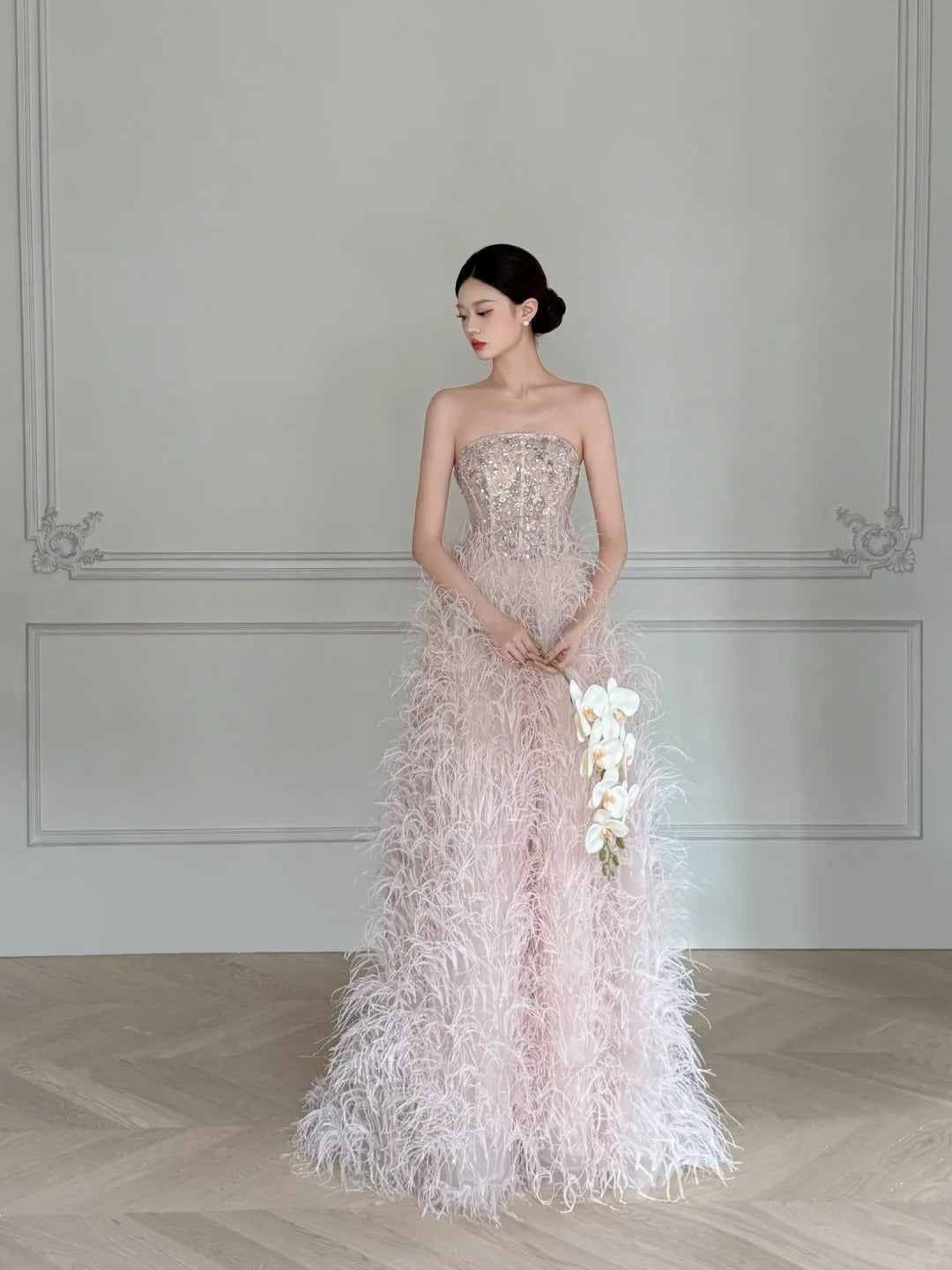 Elegant Light Pink A-Line Strapless Feather Long Prom Dresses Evening Dresses